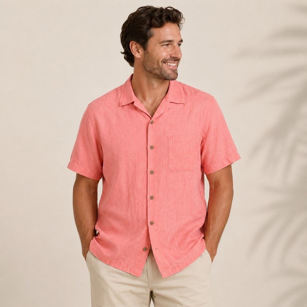 Tommy Bahama Mens Polo Button Up 100% Linen Colorful Resort Vacation Pink XL